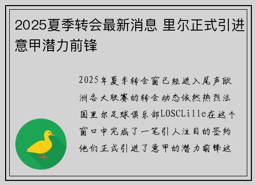 2025夏季转会最新消息 里尔正式引进意甲潜力前锋 2025夏季转会最新消息 里尔正式引进意甲潜力前锋